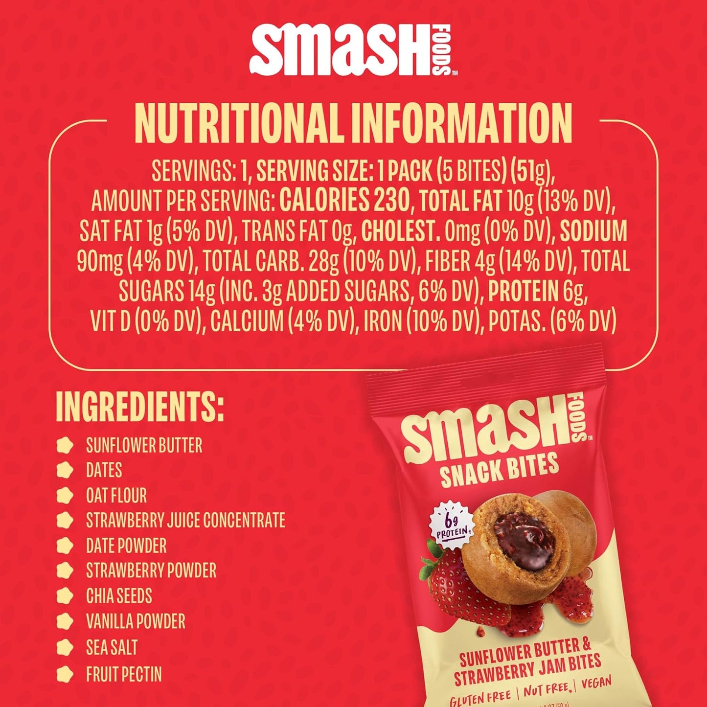 Smash Foods Superfood Bites , Sunflower Butter & Strawberry Jam Goodness.