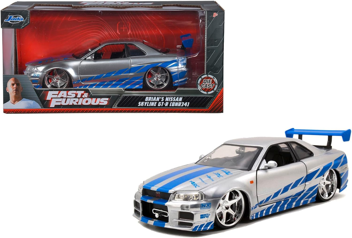 Jada Toys Fast & Furious Brian’s 2002 Nissan Skyline R34 Die-Cast Car – 1:24 Scale, Silver & Blue
