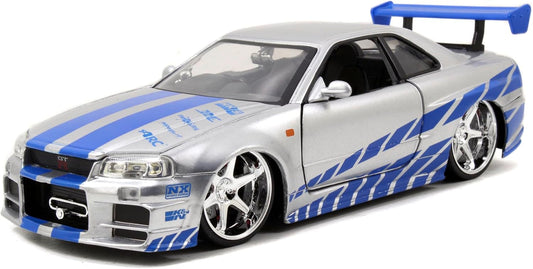 Jada Toys Fast & Furious Brian’s 2002 Nissan Skyline R34 Die-Cast Car – 1:24 Scale, Silver & Blue