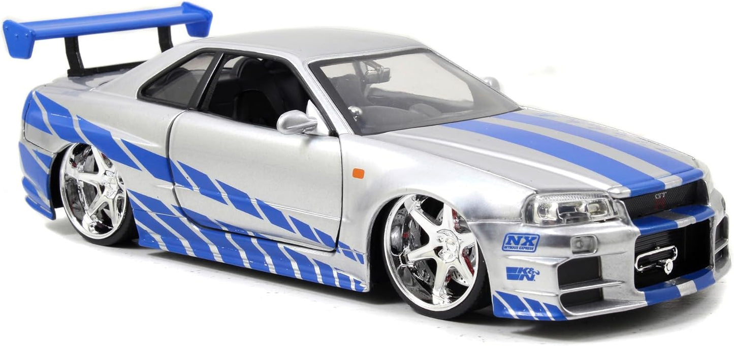 Jada Toys Fast & Furious Brian’s 2002 Nissan Skyline R34 Die-Cast Car – 1:24 Scale, Silver & Blue