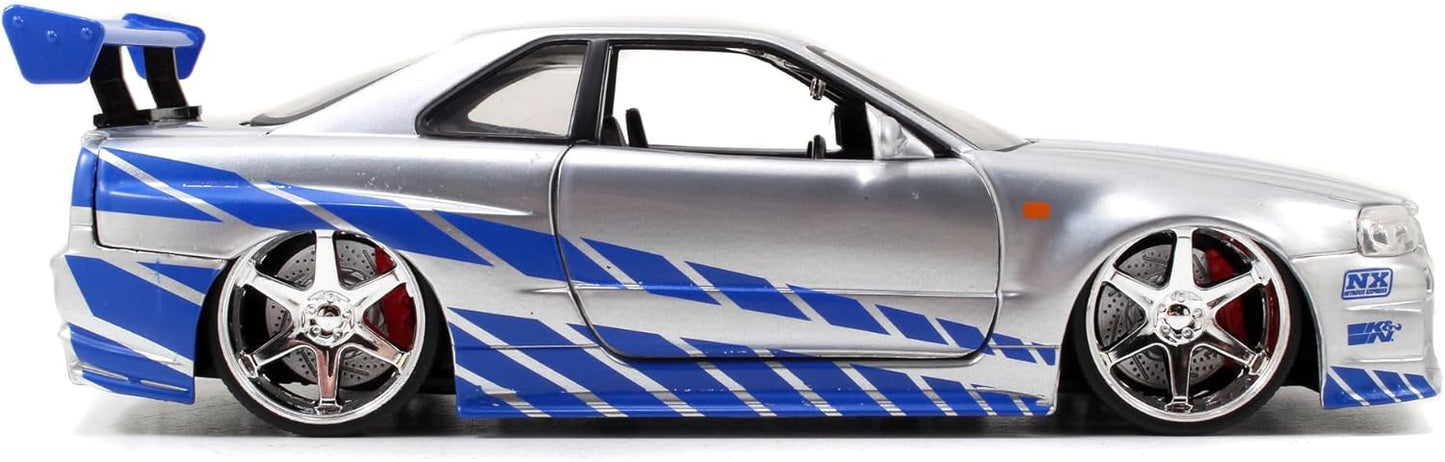 Jada Toys Fast & Furious Brian’s 2002 Nissan Skyline R34 Die-Cast Car – 1:24 Scale, Silver & Blue