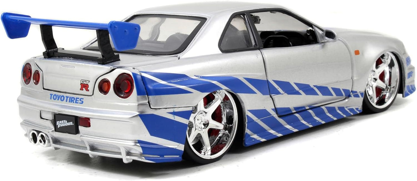 Jada Toys Fast & Furious Brian’s 2002 Nissan Skyline R34 Die-Cast Car – 1:24 Scale, Silver & Blue