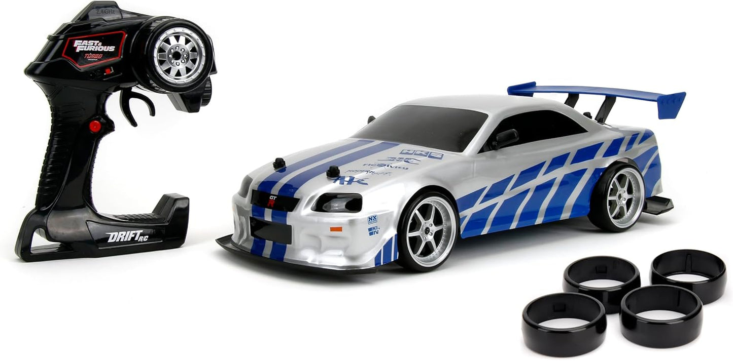 Jada Toys Fast & Furious Brian's Nissan Skyline GT-R Remote Control – 1:10 Scale, Silver/Blue