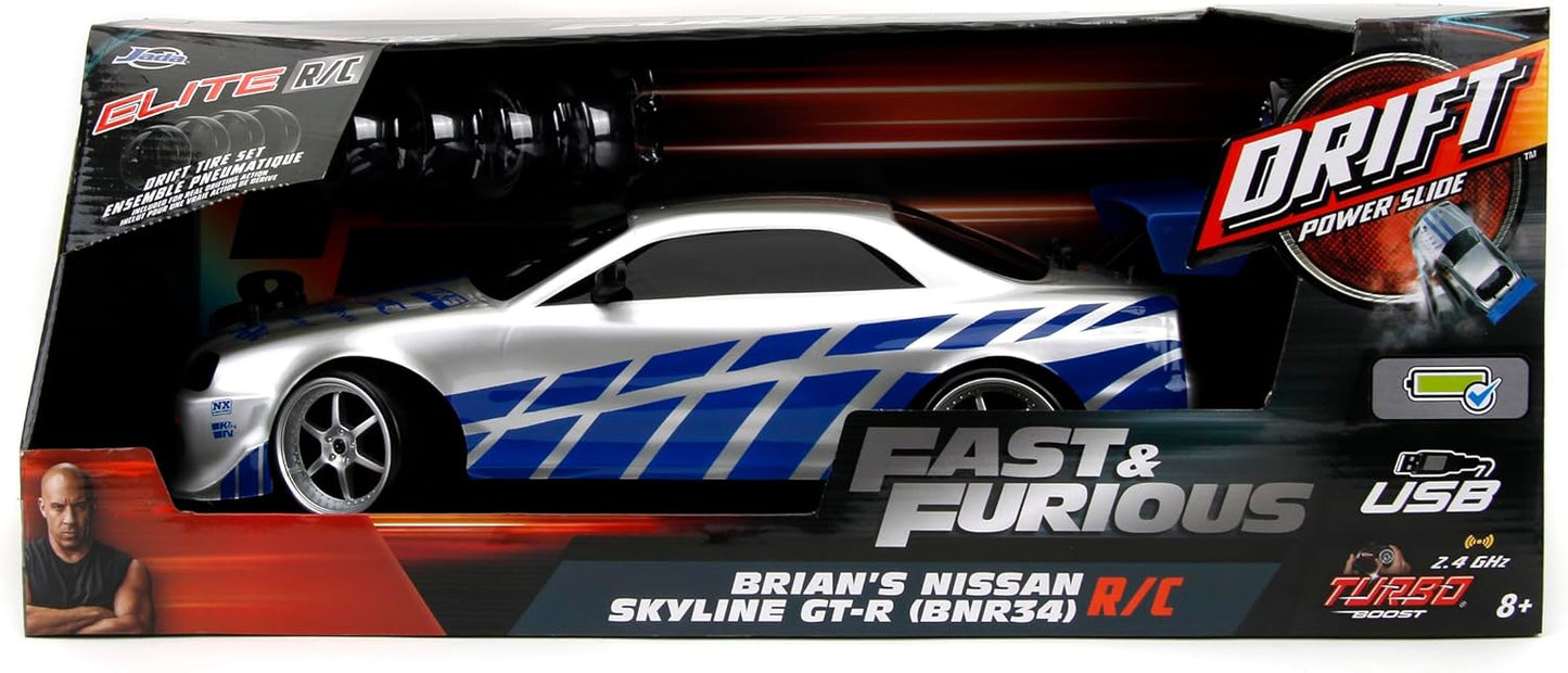 Jada Toys Fast & Furious Brian's Nissan Skyline GT-R Remote Control – 1:10 Scale, Silver/Blue