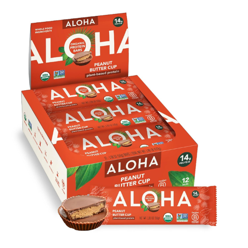ALOHA Organic Plant Based Protein Bars Peanut Butter Cup , 12 Count Vegan , Gluten Free , Low Sugar , Low Carb , Non GMO , No Stevia , No Erythritol