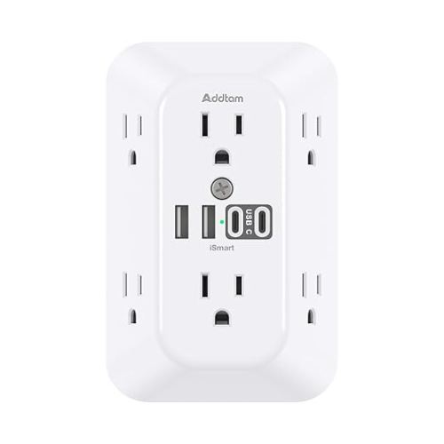 Addtam Surge Protector Wall Extender – 6 Outlets, 4 USB, 1800J
