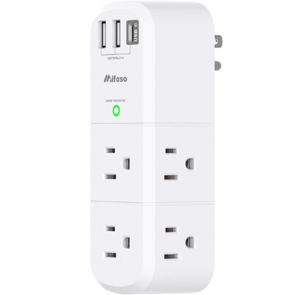 Mifaso 3-Sided Outlet Extender – 6 AC + 3 USB Ports (1800 Joules, Rotating Plug)
