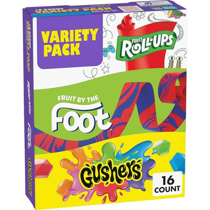 Fruit Snacks Variety Pack – Gushers, Roll-Ups & Fruit by the Foot (16 Pouches, 10.2 oz)