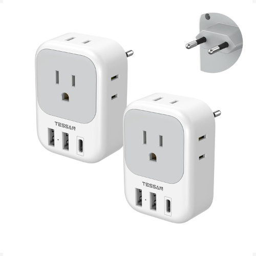 TESSAN Europe Plug Adapter – 2 Pack, USB-C & 4 Outlets