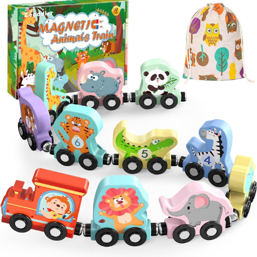 Magnetic Wooden Animal Train Set 11 Piece Educational Wooden Play Set.