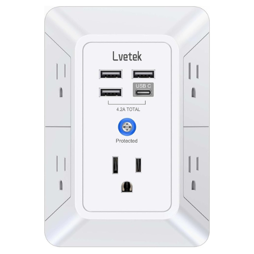 3-Sided Surge Protector Wall Charger – 5 Outlets, 4 USB, White