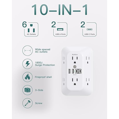 Addtam Surge Protector Wall Extender – 6 Outlets, 4 USB, 1800J