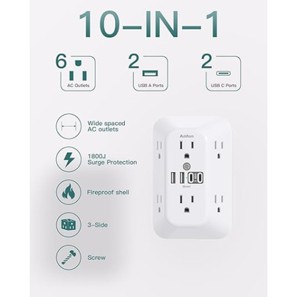 Addtam Surge Protector Wall Extender – 6 Outlets, 4 USB, 1800J