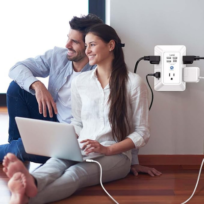 3-Sided Surge Protector Wall Charger – 5 Outlets, 4 USB, White