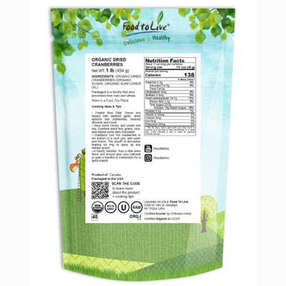 Food to Live Organic Dried Cranberries, 1 Pound – Non-GMO, Kosher, Unsulfured, Bulk