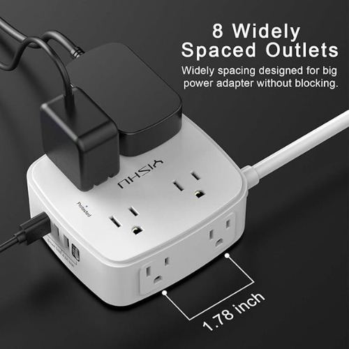 Surge Protector Power Strip – 8 Outlets, 4 USB, 6Ft Cord, White