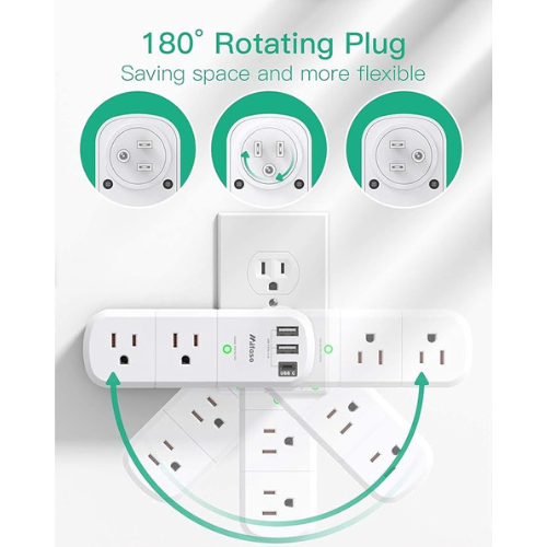 Mifaso 3-Sided Outlet Extender – 6 AC + 3 USB Ports (1800 Joules, Rotating Plug)