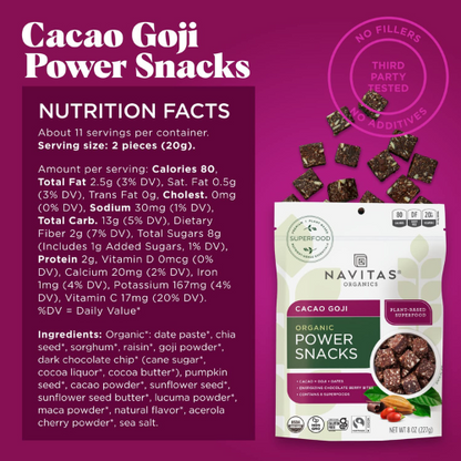 Navitas Organics Superfood Power Snacks Cacao Goji 8oz Bag 11 Servings