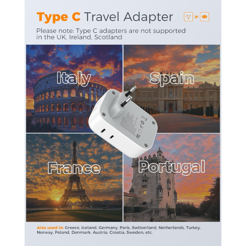 TESSAN Europe Plug Adapter – 2 Pack, USB-C & 4 Outlets