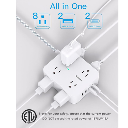 HANYCONY Surge Protector Power Strip – 8 Outlets, 4 USB, 5Ft Cord