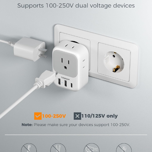 TESSAN Europe Plug Adapter – 2 Pack, USB-C & 4 Outlets