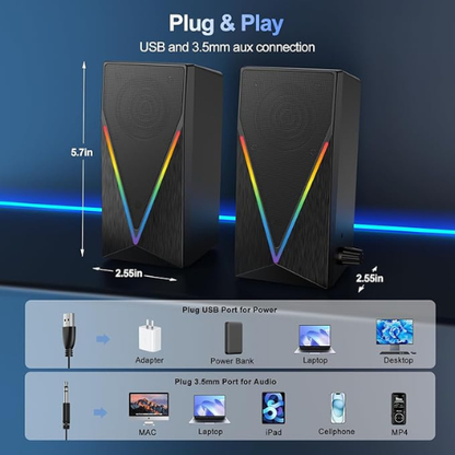 RGB Desktop Computer Speakers – USB Powered, Aux & Headphone Jack