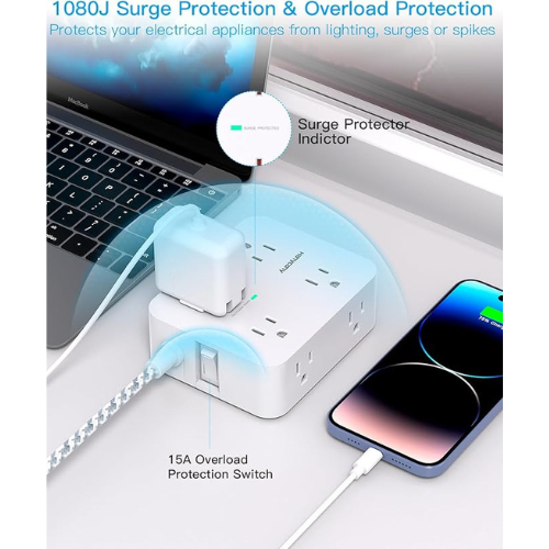 HANYCONY Surge Protector Power Strip – 8 Outlets, 4 USB, 5Ft Cord