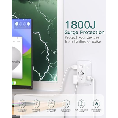 Addtam Surge Protector Wall Extender – 6 Outlets, 4 USB, 1800J