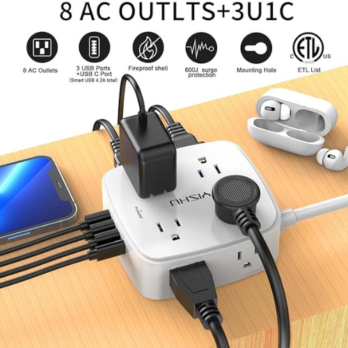 Surge Protector Power Strip – 8 Outlets, 4 USB, 6Ft Cord, White