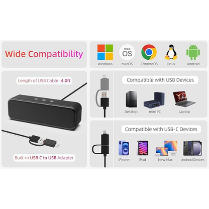 USB Computer Soundbar – Wired Speaker with Deep Bass & Touch Control