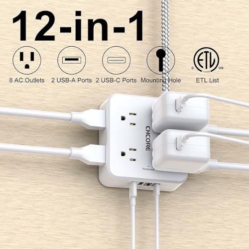 CHCORE Surge Protector Power Strip – 8 Outlets, 4 USB, 5Ft Cord