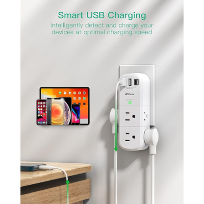 Mifaso 3-Sided Outlet Extender – 6 AC + 3 USB Ports (1800 Joules, Rotating Plug)