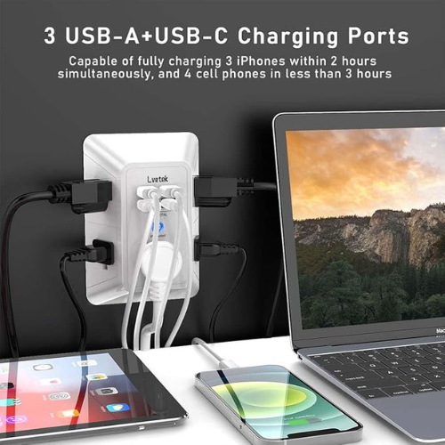 3-Sided Surge Protector Wall Charger – 5 Outlets, 4 USB, White