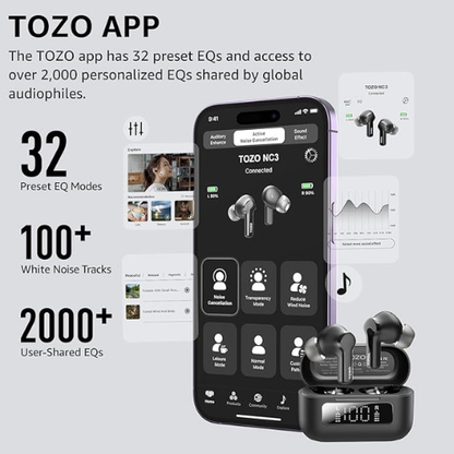 TOZO NC3 Wireless Earbuds – Hybrid ANC, 55H Playtime, IPX8