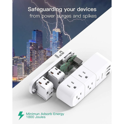Mifaso 3-Sided Outlet Extender – 6 AC + 3 USB Ports (1800 Joules, Rotating Plug)