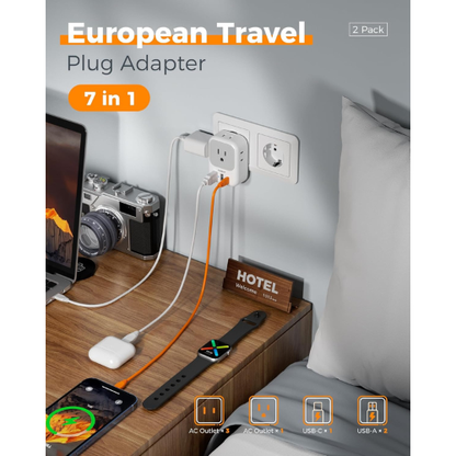 TESSAN Europe Plug Adapter – 2 Pack, USB-C & 4 Outlets