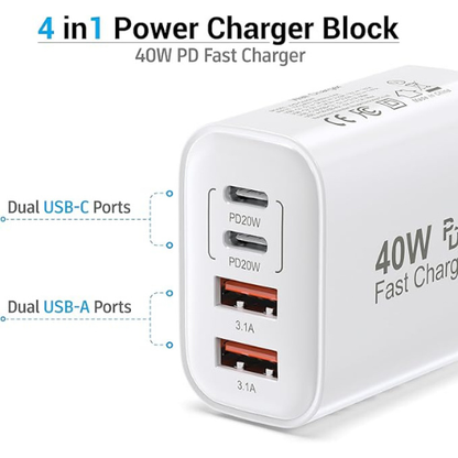 TT&C 40W USB-C Wall Charger – 4-Port PD+QC Fast Charging Block