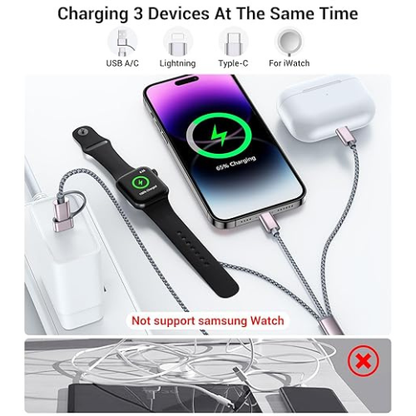 Temdan 3-in-2 USB-C Travel Cable – Apple Watch & iPhone Charger (4FT)