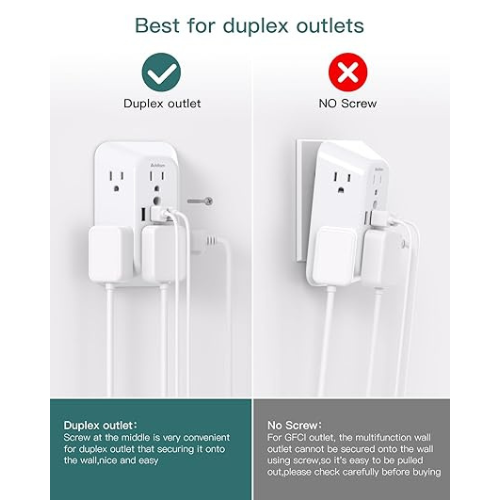 Addtam Surge Protector Wall Extender – 6 Outlets, 4 USB, 1800J