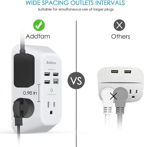 Addtam USB Wall Charger – 5 Outlets + 4 USB (1 USB-C), 1800J Surge Protector