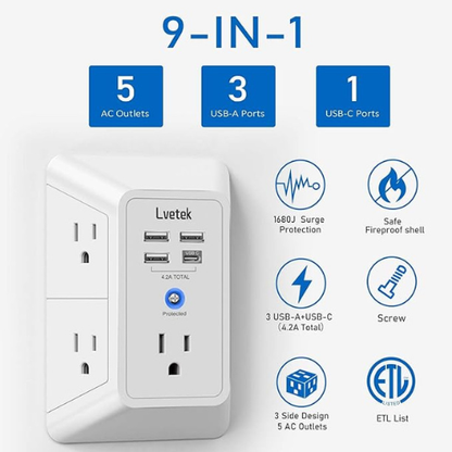 3-Sided Surge Protector Wall Charger – 5 Outlets, 4 USB, White