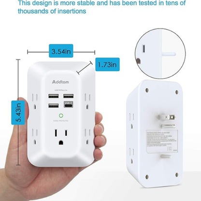 Addtam USB Wall Charger – 5 Outlets + 4 USB (1 USB-C), 1800J Surge Protector