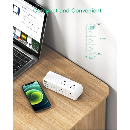 Mifaso 3-Sided Outlet Extender – 6 AC + 3 USB Ports (1800 Joules, Rotating Plug)