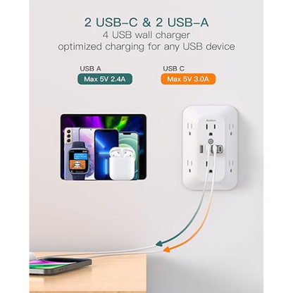 Addtam Surge Protector Wall Extender – 6 Outlets, 4 USB, 1800J
