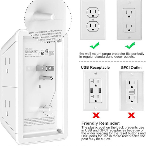 3-Sided Surge Protector Wall Charger – 5 Outlets, 4 USB, White
