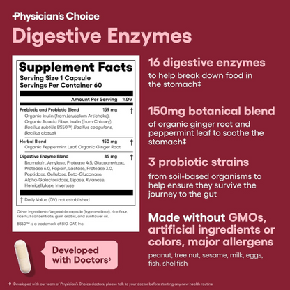 Physician's CHOICE Digestive Enzymes, Prebiotics & Probiotics – Gut Health, 60ct