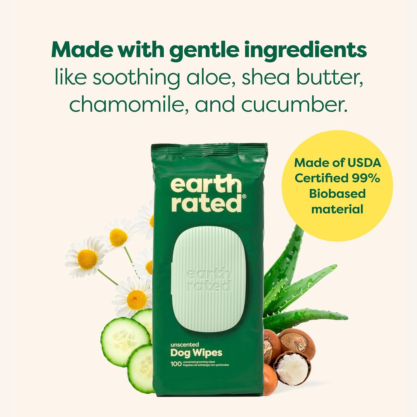 Earth Rated Pet Wipes – 100ct, Hypoallergenic & Unscented Grooming Wipes
