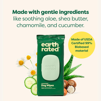Earth Rated Pet Wipes – 100ct, Hypoallergenic & Unscented Grooming Wipes