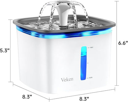 Veken Pet Water Fountain – 95oz/2.8L, Automatic Dispenser with Filters (Grey)