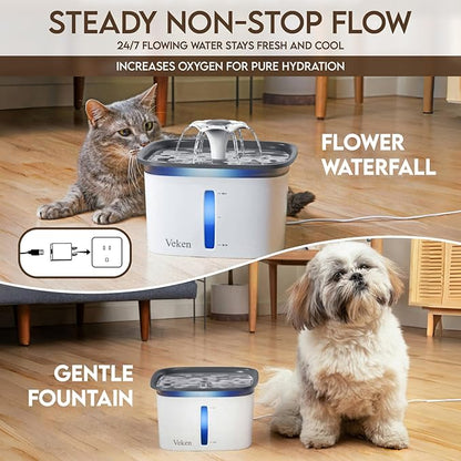 Veken Pet Water Fountain – 95oz/2.8L, Automatic Dispenser with Filters (Grey)